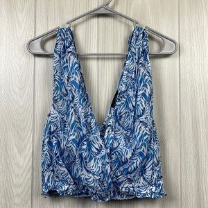 J. Crew Womens Blue White Plunge Crop Top Small Tropical Floral Summer Smock